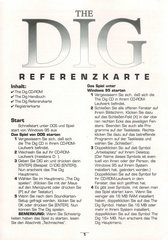 Reference Card for The Dig (DOS) (Re-release): Front