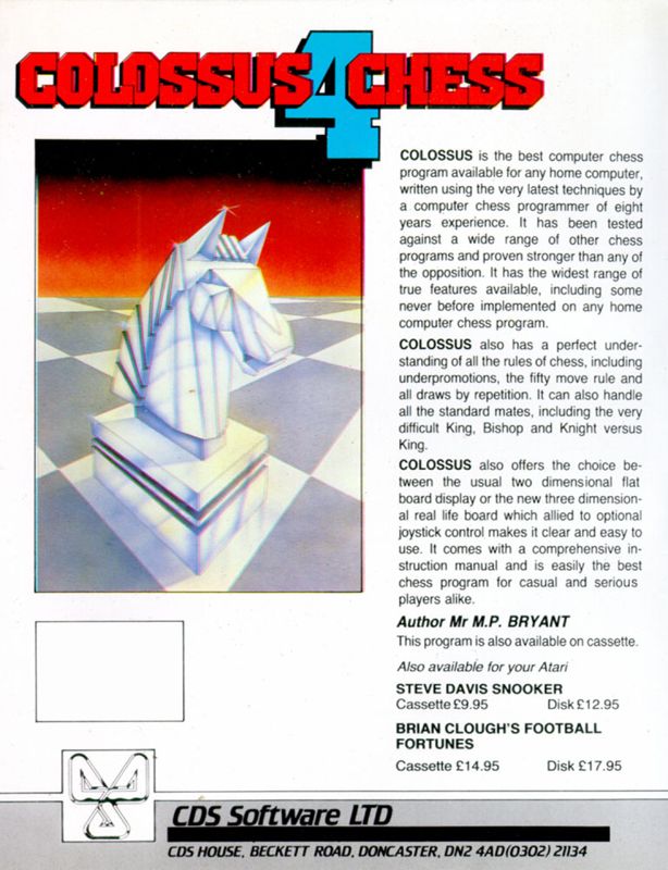 Back Cover for Colossus Chess 4 (Atari 8-bit) (Floppy release)