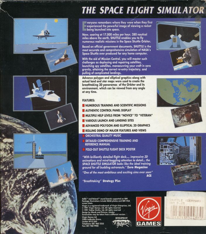 Back Cover for Shuttle: The Space Flight Simulator (DOS) (5.25" floppy disk release)