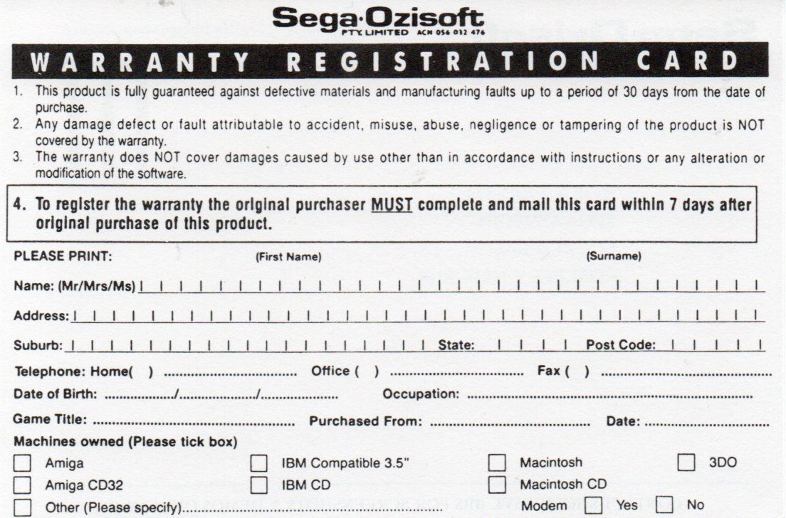 Other for EF 2000 (DOS): Registration Card Back