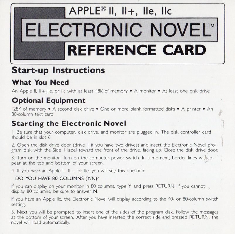 Reference Card for Mindwheel (Apple II)