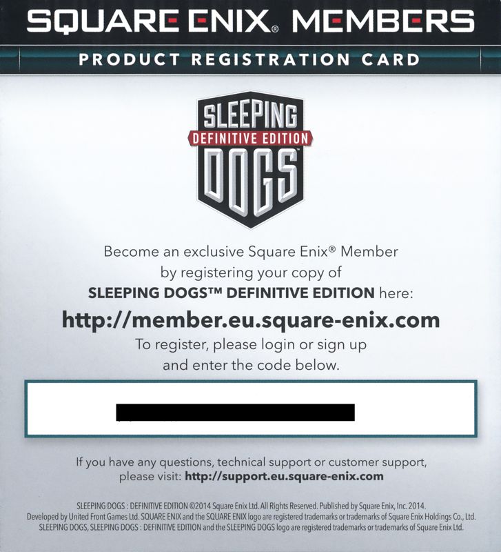 Other for Sleeping Dogs: Definitive Edition (Xbox One): Registration Card - Front