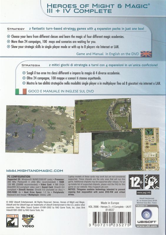 Back Cover for Heroes of Might and Magic III+IV: Complete (Windows) (Ubisoft eXclusive release (2006; Italian/original EAN-13 code))