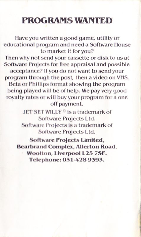 Inside Cover for Jet Set Willy II: The Final Frontier (Amstrad CPC): "Programs Wanted"