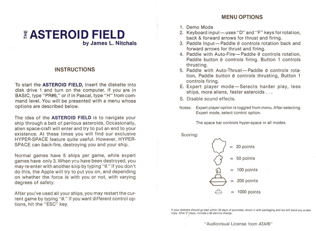 Inside Cover for The Asteroid Field (Apple II)
