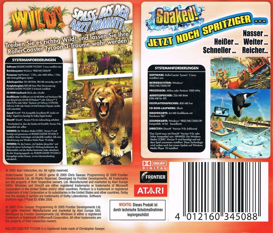 Back Cover for RollerCoaster Tycoon 3: Wild! + Soaked! (Windows) (Software Pyramide release)