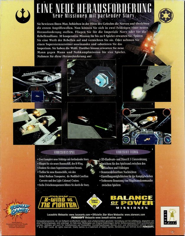 Back Cover for Star Wars: X-Wing Vs. TIE Fighter - Balance of Power Campaigns (Windows) (Early release (English game, German packaging/manual))