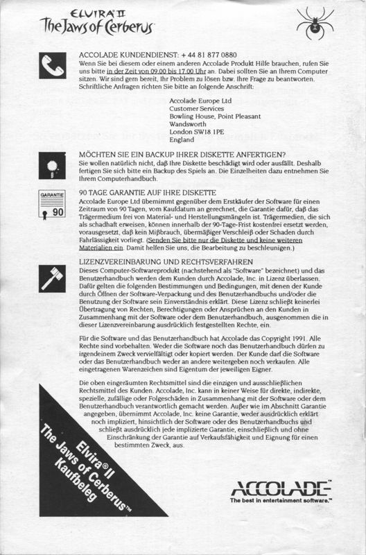 Manual for Elvira II: The Jaws of Cerberus (DOS): Back