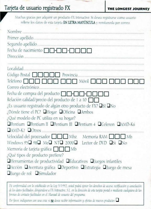 Other for The Longest Journey (Windows) (FX's first edition, boxed): Registration Card - Front