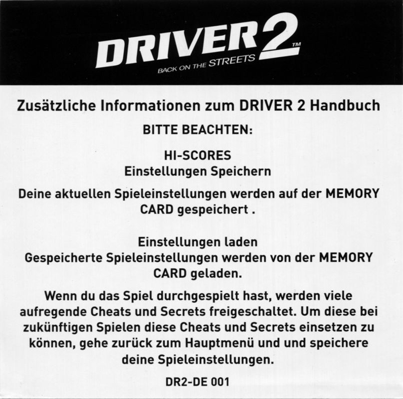 Manual for Driver 2 (PlayStation): Addendum