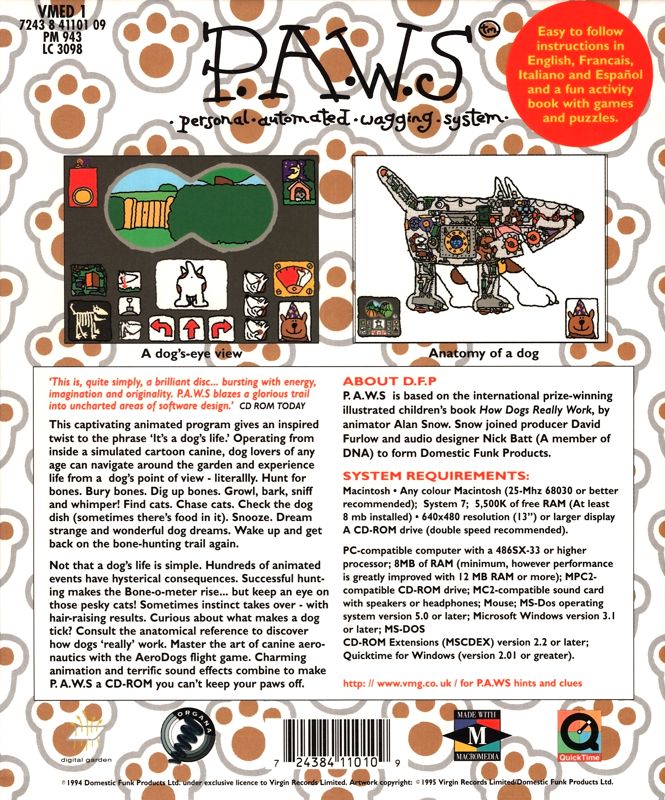 Back Cover for P.A.W.S.: Personal Automated Wagging System (Macintosh and Windows 3.x)
