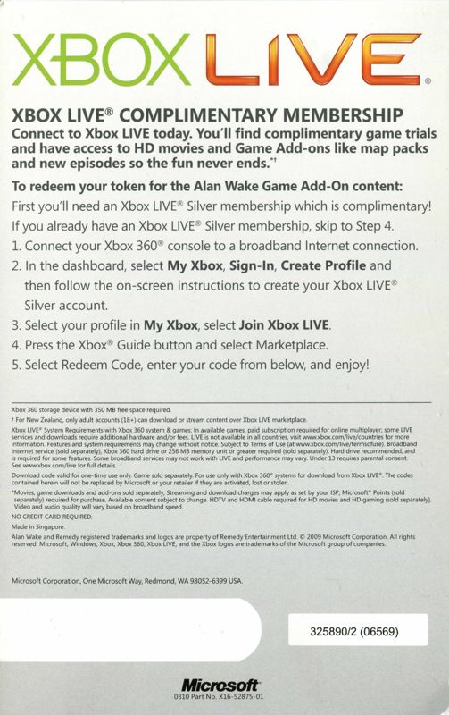 Extras for Alan Wake (Xbox 360): Xbox live flyer - front