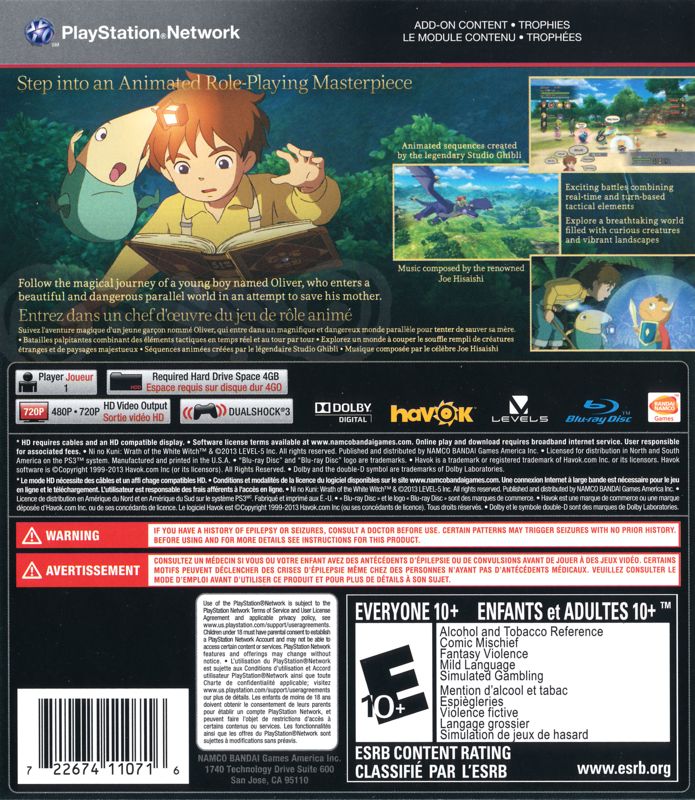 Back Cover for Ni no Kuni: Wrath of the White Witch (PlayStation 3)