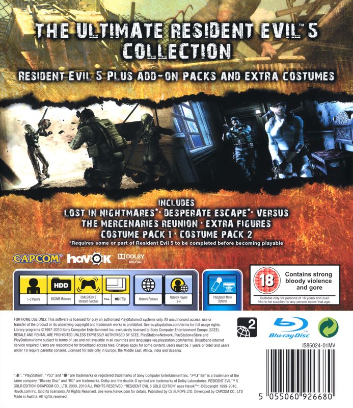 Back Cover for Resident Evil 5: Gold Edition (PlayStation 3) (Move Edition)