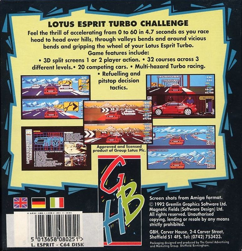 Back Cover for Lotus Esprit Turbo Challenge (Commodore 64)