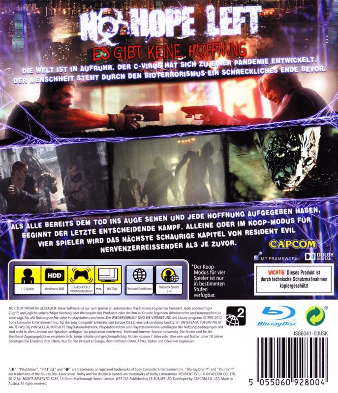 Back Cover for Resident Evil 6 (PlayStation 3)