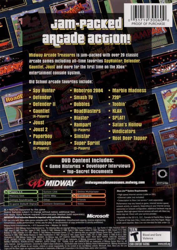 Back Cover for Midway Arcade Treasures (Xbox)