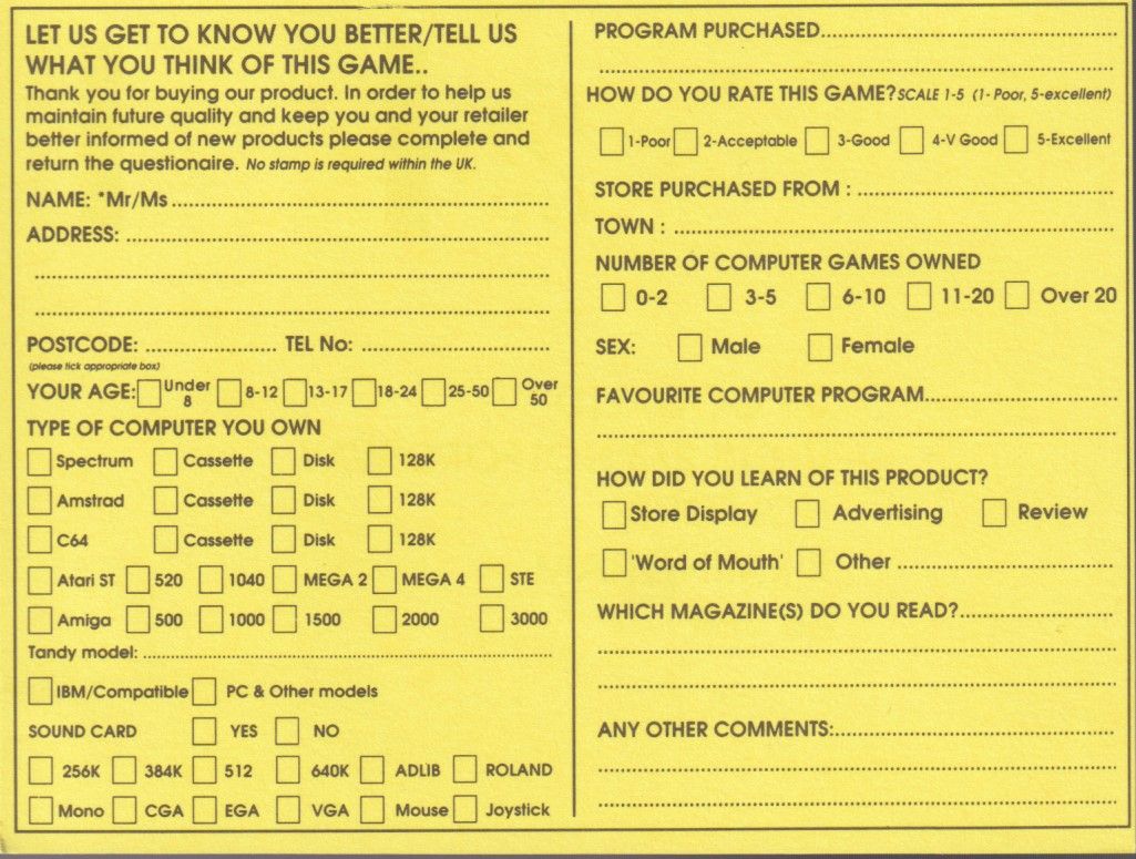 Other for Secret Weapons of the Luftwaffe (DOS) (U.S. Gold release): Registration Card Back
