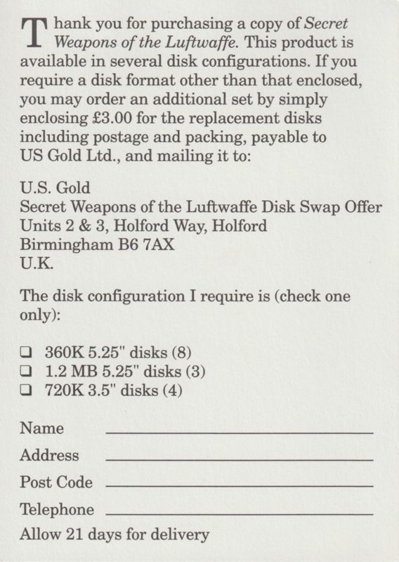 Other for Secret Weapons of the Luftwaffe (DOS) (U.S. Gold release): Disk Swap Offer