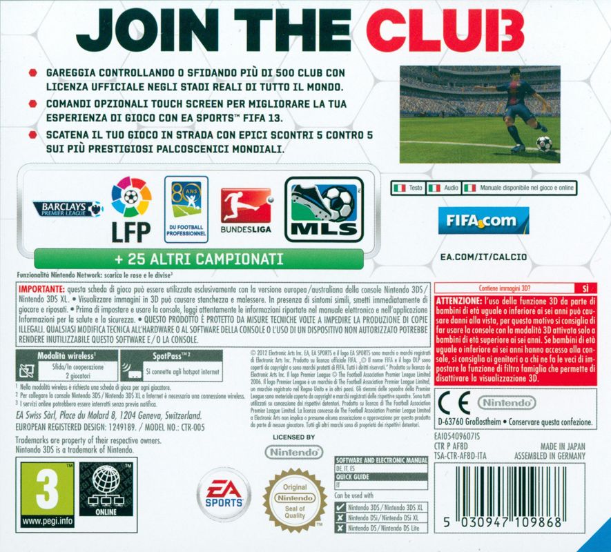 Back Cover for FIFA Soccer 13 (Nintendo 3DS)