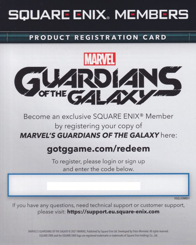 Extras for Marvel Guardians of the Galaxy (PlayStation 5): Registration Card - Front