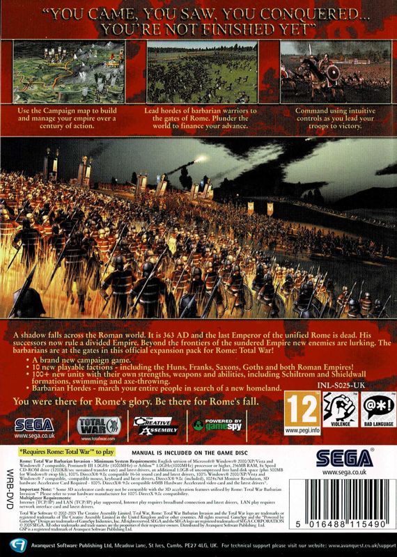 Back Cover for Rome: Total War - Barbarian Invasion (Windows) (White Label release)