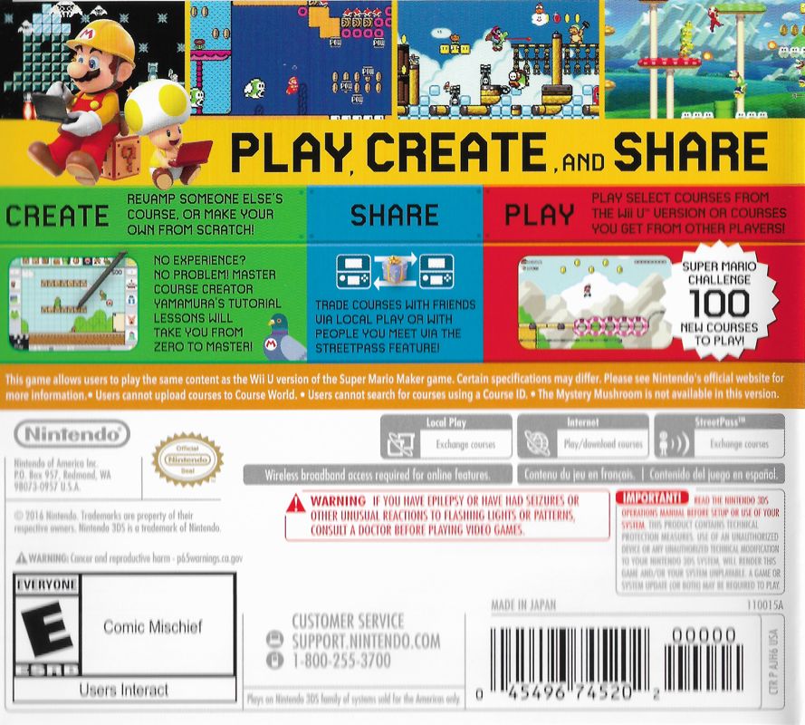 Back Cover for Super Mario Maker for Nintendo 3DS (Nintendo 3DS) (Nintendo Selects Release)