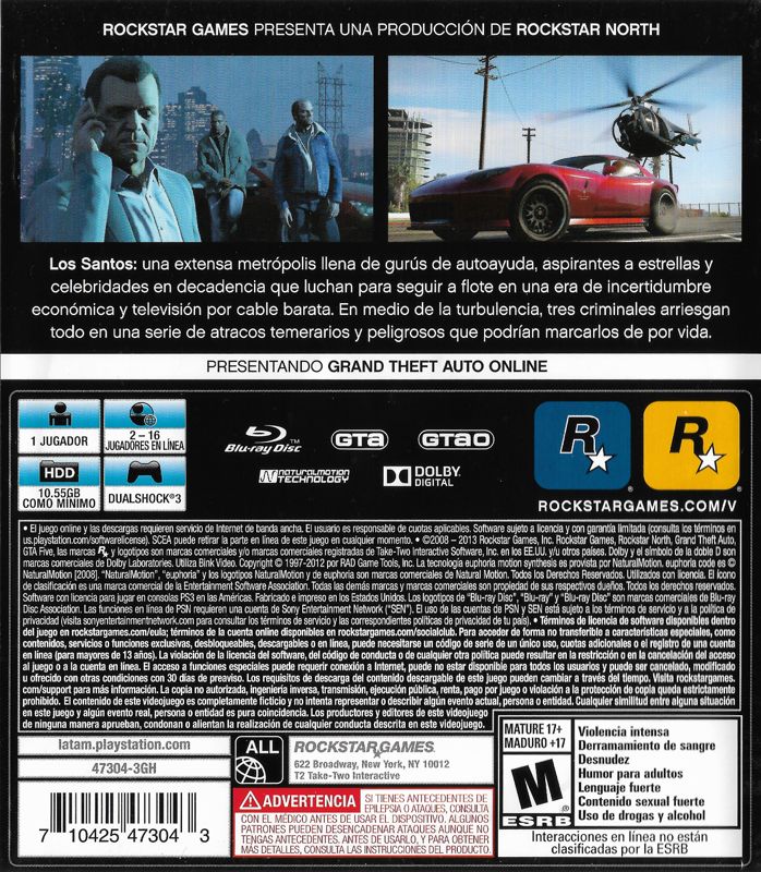 Back Cover for Grand Theft Auto V (PlayStation 3) (Greatest Hits release)