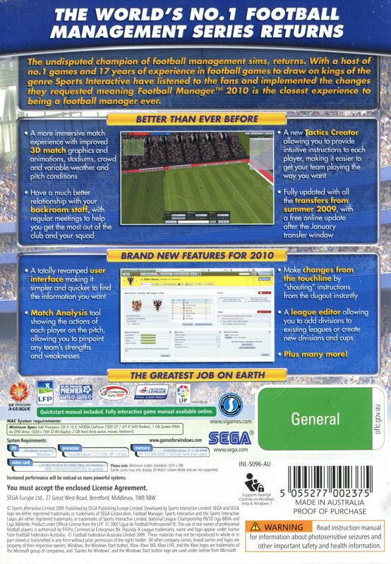 Back Cover for Football Manager 2010 (Windows)