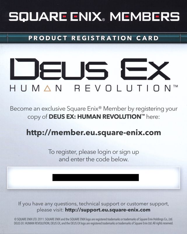 Extras for Deus Ex: Human Revolution (PlayStation 3): Registration Card - Front