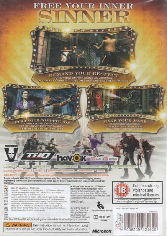 Back Cover for Saints Row 2 (Xbox 360) (Xbox 360 Classics release - UK import): w/ distributor stickers