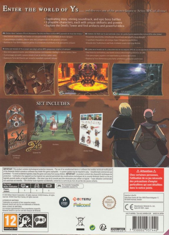 Back Cover for Ys: Origin (Collector's Edition) (Nintendo Switch) (Sleeved Cardboard Box)