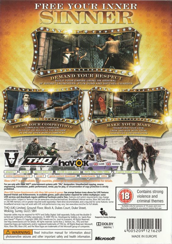 Back Cover for Saints Row 2 (Xbox 360) (Xbox 360 Classics release - UK import): w/o external wrapper