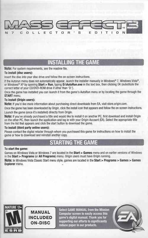 Reference Card for Mass Effect 3 (N7 Collector's Edition) (Windows)