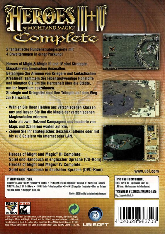 Back Cover for Heroes of Might and Magic III+IV: Complete (Windows) (Hammerpreis release)