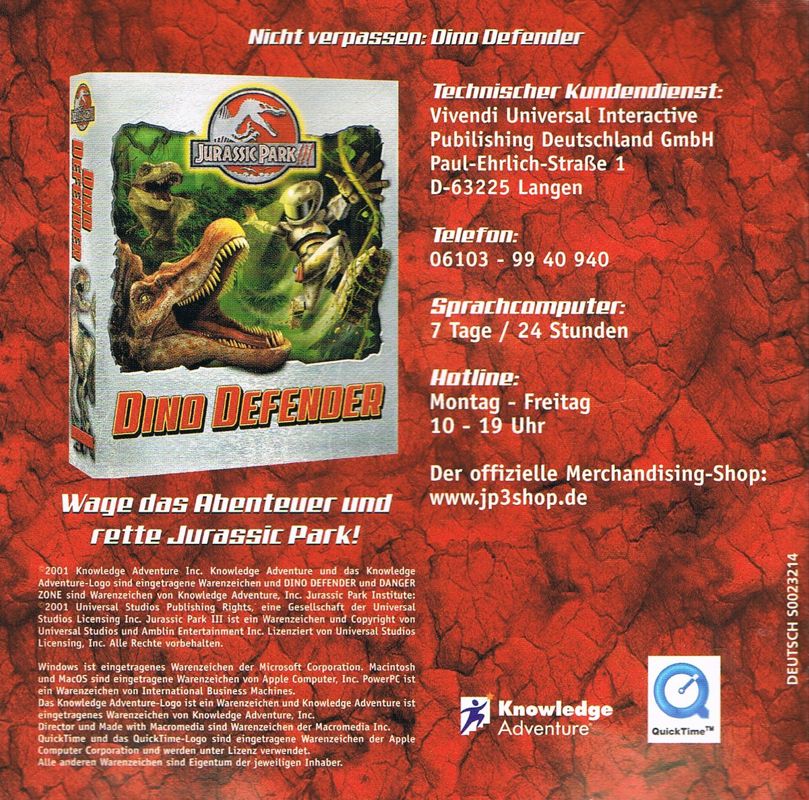 Inside Cover for Jurassic Park III: Danger Zone! (Macintosh and Windows): Left Inlay