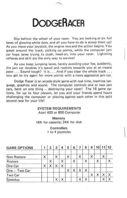 Manual for Dodge Racer (Atari 8-bit) (Ziplock): Backside