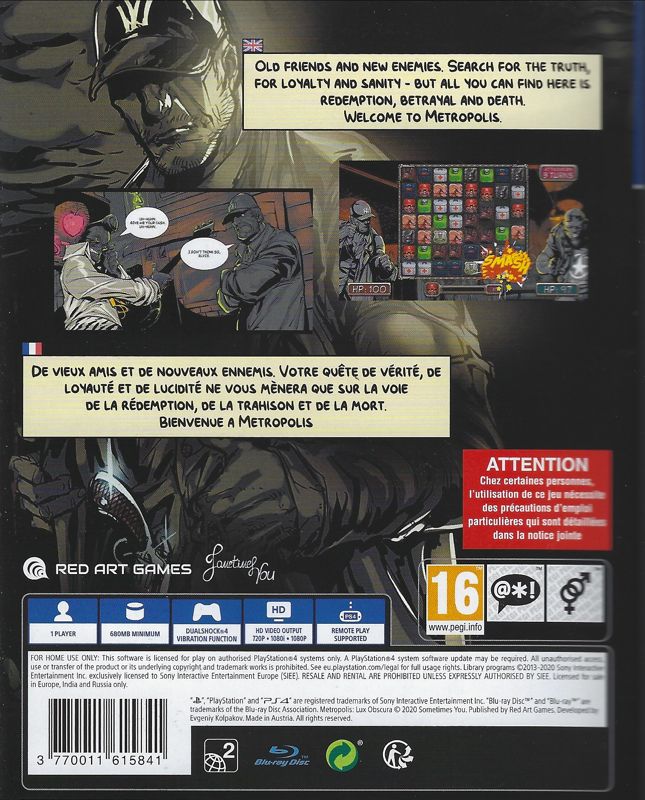 Other for Metropolis: Lux Obscura (PlayStation 4): Keep Case - Back