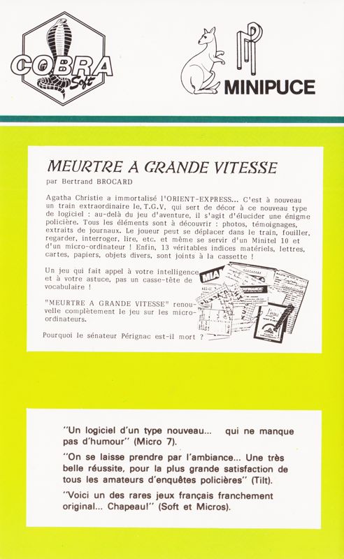 Back Cover for Meurtre a Grande Vitesse (Exelvision)