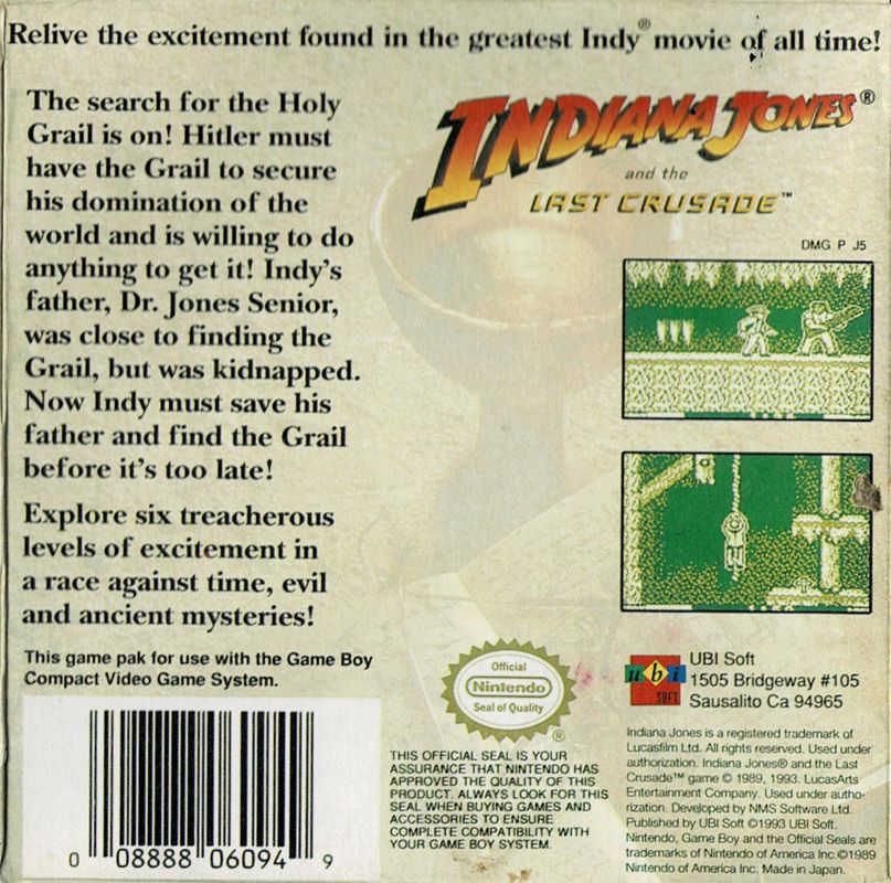 Back Cover for Indiana Jones and the Last Crusade: The Action Game (Game Boy)