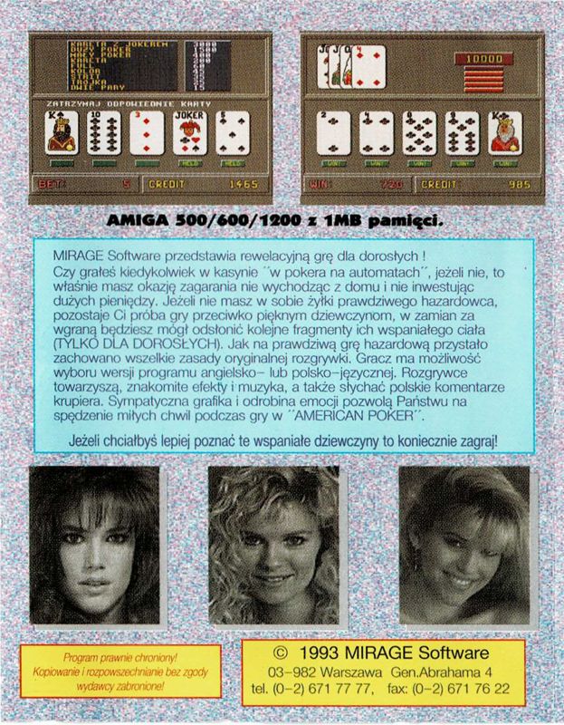 Back Cover for American Poker (Amiga)