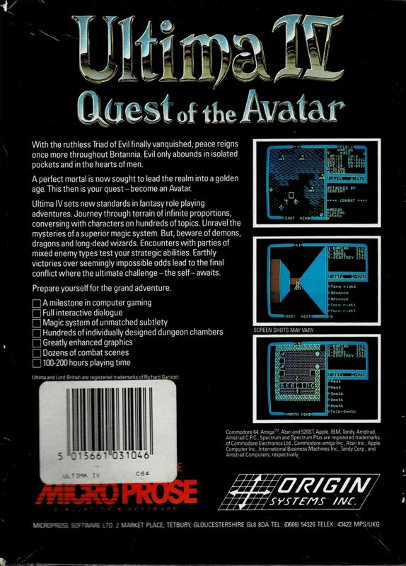 Back Cover for Ultima IV: Quest of the Avatar (Commodore 64)