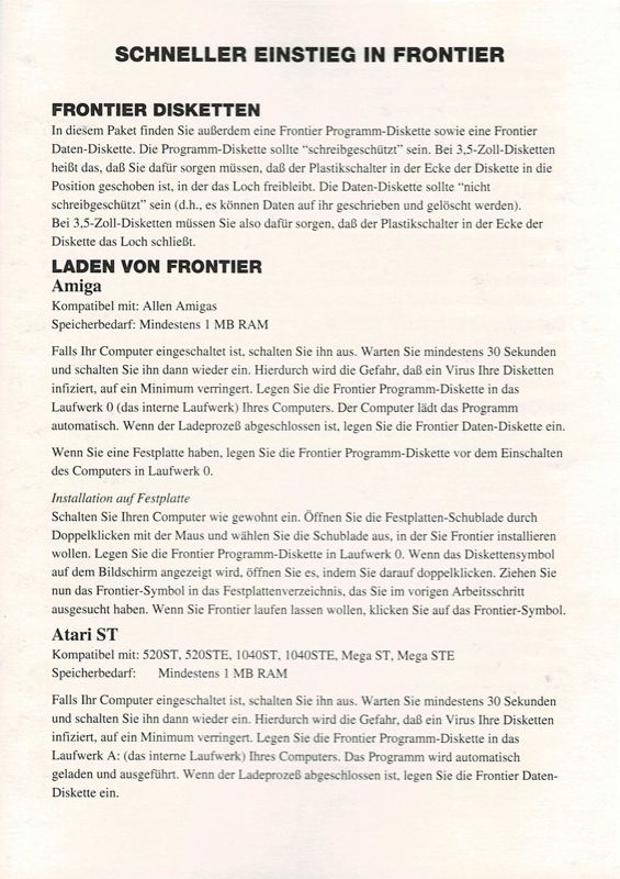 Reference Card for Frontier: Elite II (DOS): Front