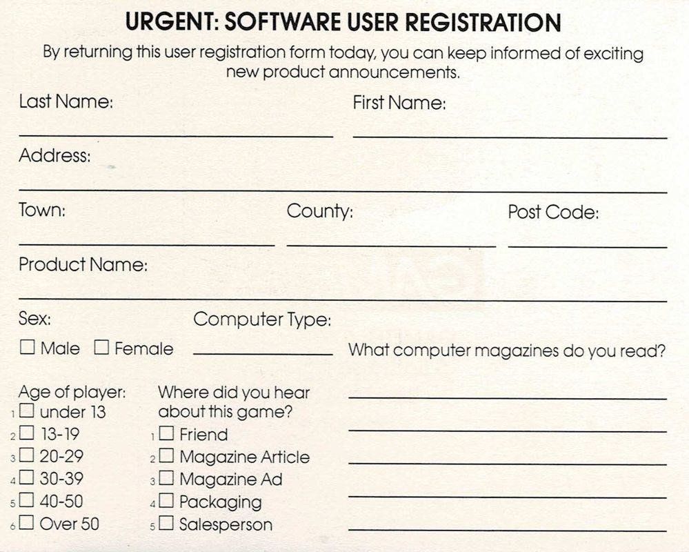Extras for Frontier: Elite II (DOS): Registration Card - Back