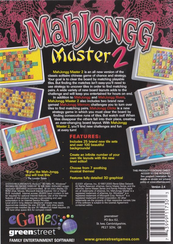 Back Cover for MahJongg Master 2 (Windows)