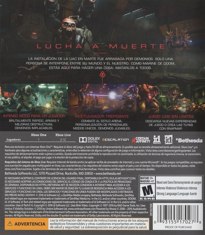 Back Cover for Doom (Xbox One)