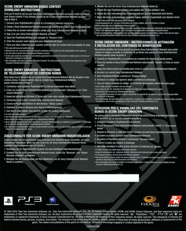 Extras for XCOM: Enemy Unknown (PlayStation 3): Elite soldier pack flyer - back