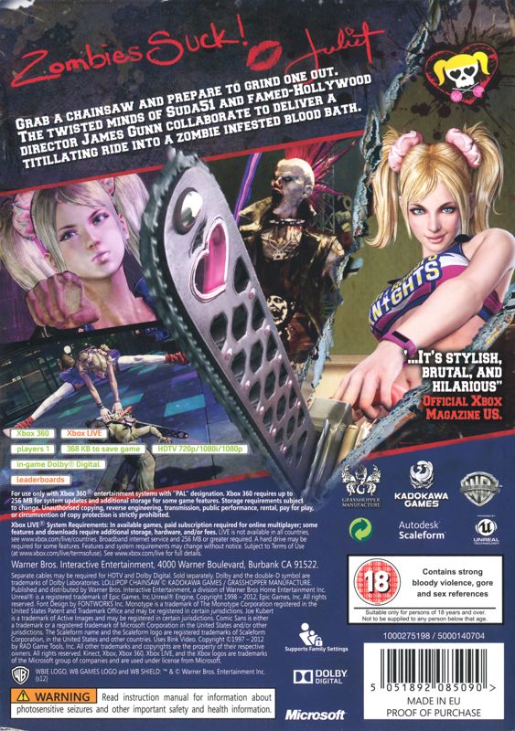 Back Cover for Lollipop Chainsaw (Xbox 360)