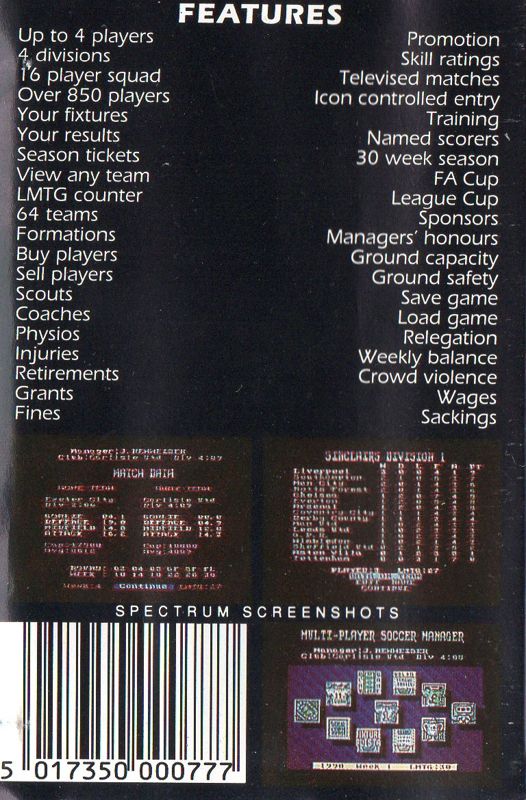 Back Cover for Multi-Player Soccer Manager (ZX Spectrum) (Cult budget release)