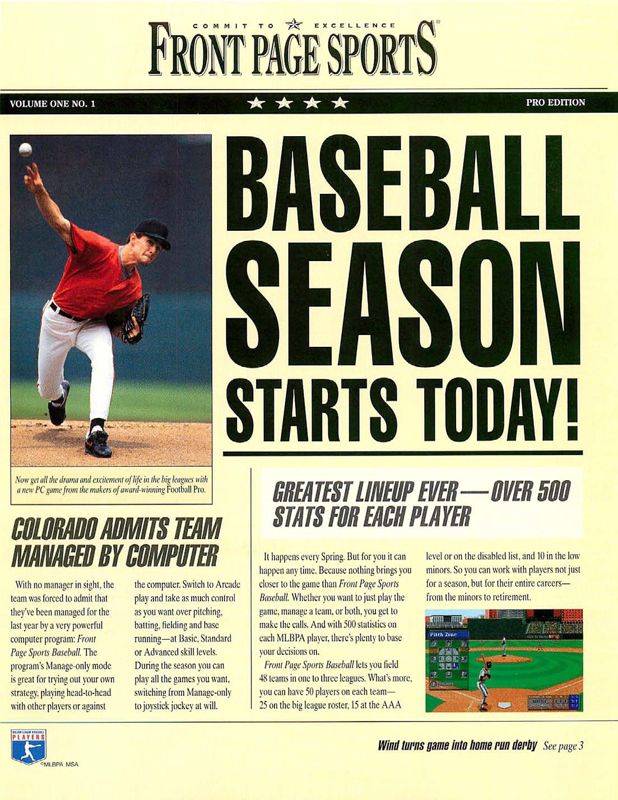 Front Page Sports: Baseball '94 Magazine Advertisement (Magazine Advertisements): Computer Gaming World (US), Issue 07/1994 Part 1